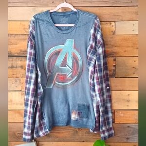 Upcycled Avengers Graphic T-shirt With  Plaid Sleeve Shirt